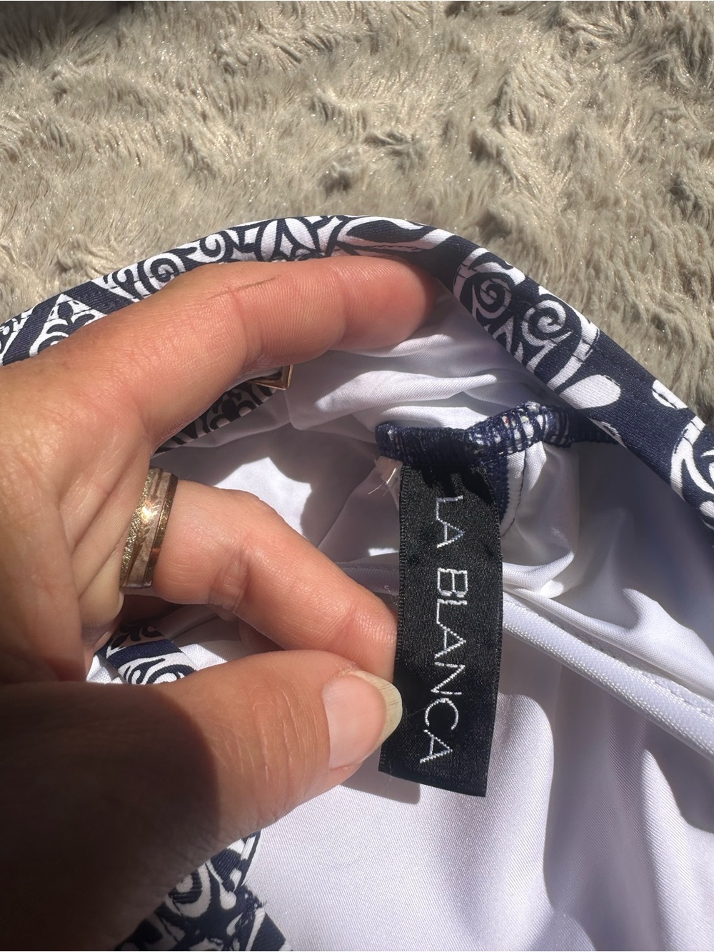 La Blanca Navy and White Tile-Print Swim Tankini with Multicolor Waist Band - Picture 3 of 7